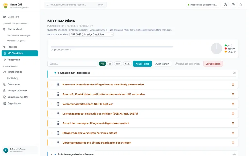 MD-Checkliste in Sonne QM mit Status je Prüfkriterium
