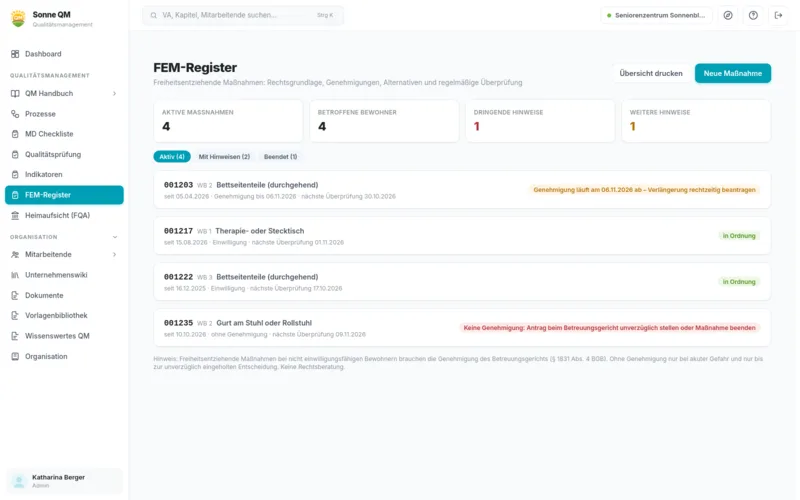 FEM-Register in Sonne QM mit Genehmigungsfristen und Überprüfungen