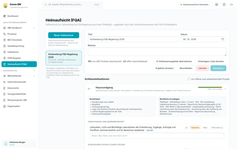 Selbstcheck Heimaufsicht in Sonne QM nach den Schlüsselsituationen des FQA-Prüfleitfadens
