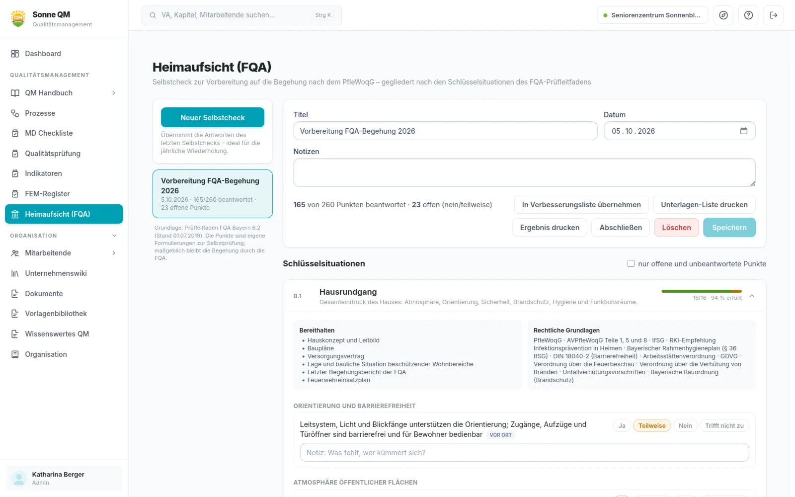Selbstcheck Heimaufsicht in Sonne QM: Schlüsselsituation Hausrundgang mit Unterlagen, Rechtsgrundlagen und Prüfpunkten