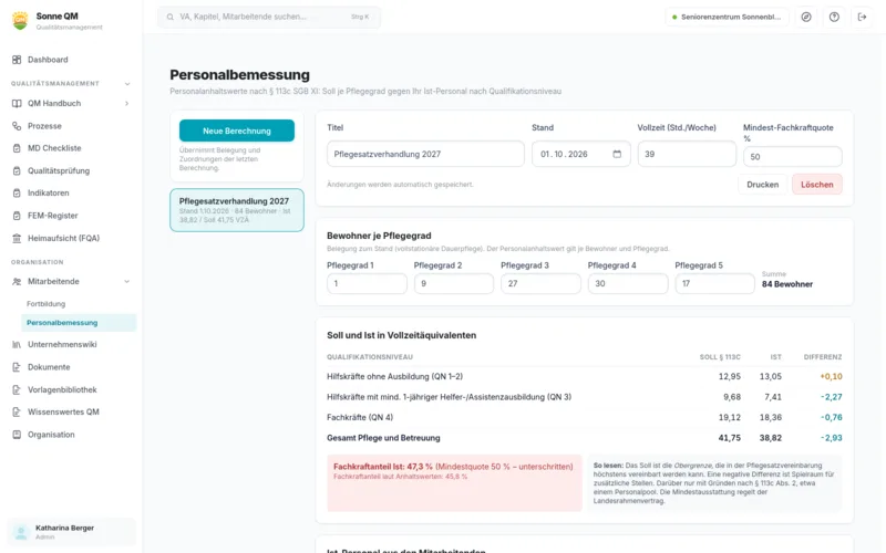 Personalbemessung nach § 113c SGB XI in Sonne QM mit Soll und Ist je Qualifikationsniveau