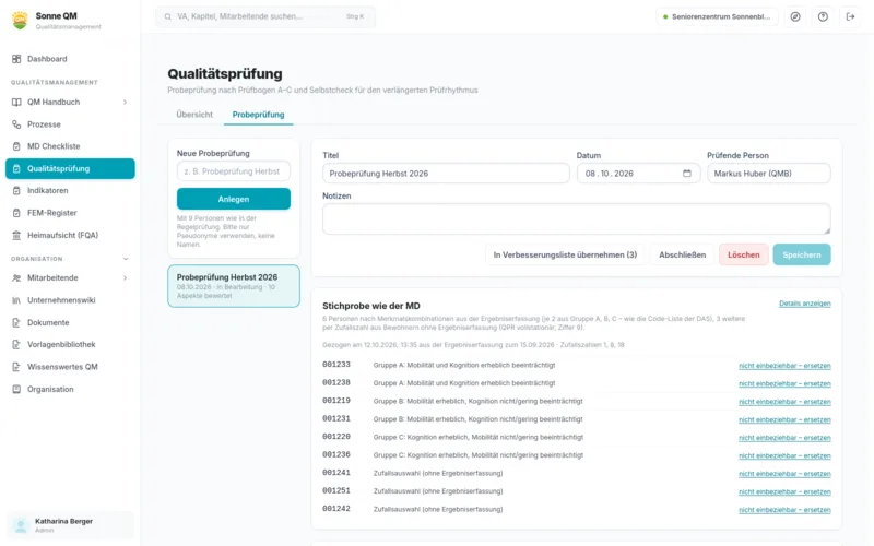 Probeprüfung in Sonne QM mit Stichprobe nach Gruppen A, B und C wie beim MD
