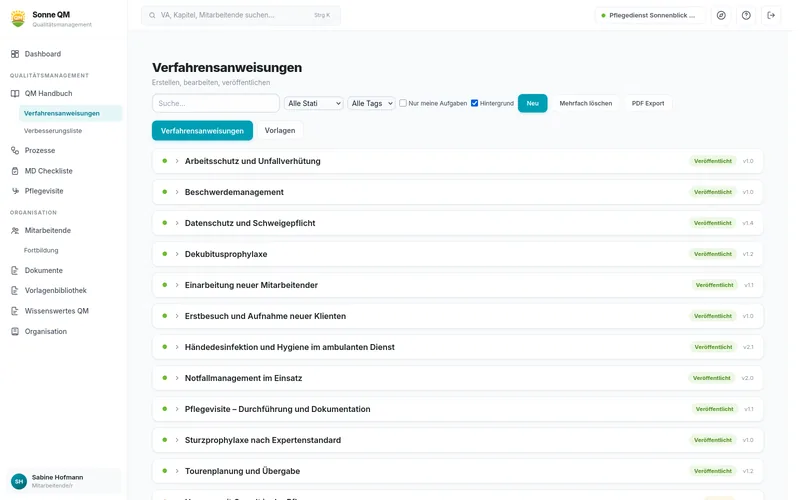 Verfahrensanweisungen in Sonne QM mit Status, Version und Bestätigungen