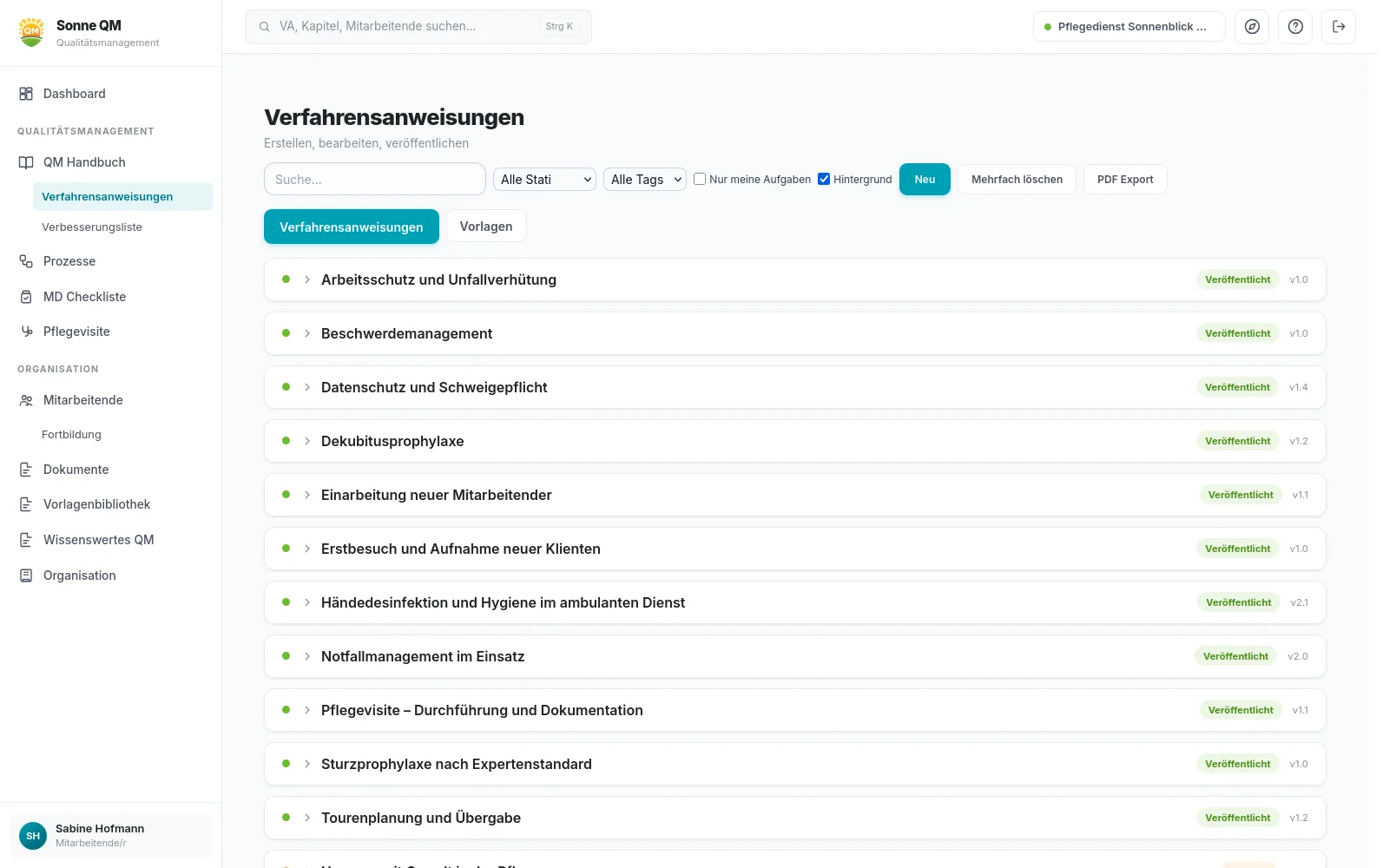 Verfahrensanweisungen in Sonne QM mit Status und Bestätigungen